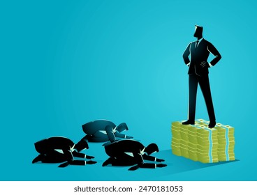 Businessmen bowing down and worshipping a man standing atop a stack of money, illustrating themes of the power of money in the social hierarchy, financial dependency, authority and economic dominance