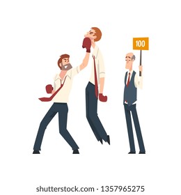 Businessmen Boxing, Business People Competing Among Themselves, Business Competition. Leadership and Teamwork. Vector Illustration.