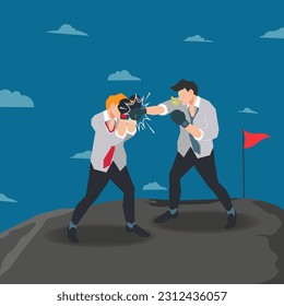 Businessmen are boxing on the top of cliff. business competition concept vector illustration