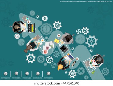 Businessmen brainstorm ideas and work. Powered backlash arrow to success.