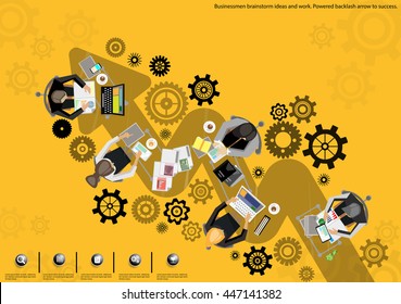 Businessmen brainstorm ideas and work. Powered backlash arrow to success.