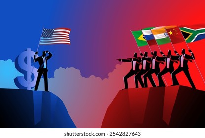 Businessmen from BRICS countries standing on a cliff, holding their national flags and pointing forward. The emergence of BRICS threatens dollar hegemony