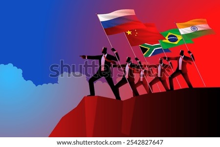 Businessmen from BRICS countries standing on a cliff, holding their national flags and pointing forward. Symbolizes collaboration and strategic vision among emerging economies