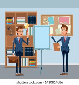 businessmen with briefcase, light bulb, checklist and flip chart indoor in office background 