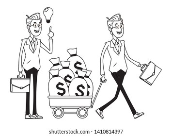 businessmen with briefcase, light bulb and pulling a money bag over a wagon black and white vector illustration graphic design