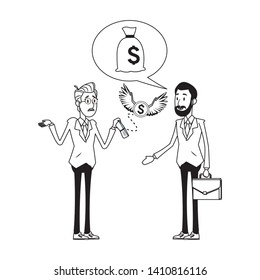 businessmen with briefcase and wallet with a coins with wings flying away thinking about money bags black and white vector illustration graphic design