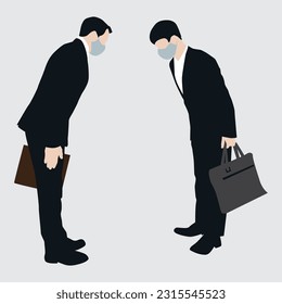 businessmen with briefcases greeting each other by bow at meeting vector