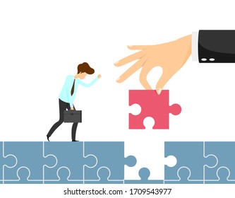 Businessmen building a puzzle bridge. vector illustration