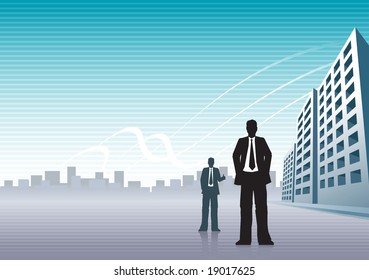 Businessmen and buildings with copy space.