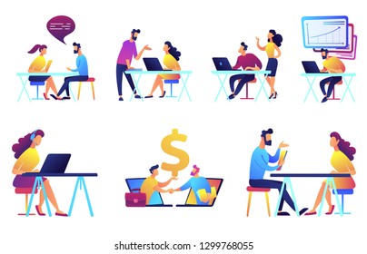 Businessmen and business meeting vector illustrations set. Teamwork and partnership, business presentation and meeting, coworking concept. Vector illustrations set isolated on white background.