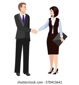 Businessmen and business woman or manager in office clothes handshake. Successful cooperation.
