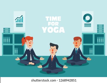 Businessmen and business woman meditates in lotus position. Business people practicing yoga - Vector 