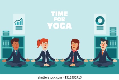 Businessmen and business woman meditates in lotus position. Business people practicing yoga