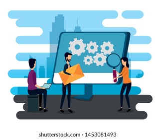 businessmen and businesswoman with computer and magnifying glass