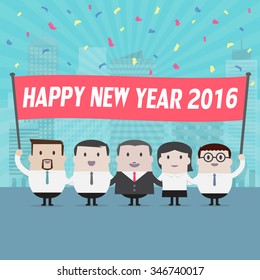 Businessmen and Businesswoman holding happy new year sign - Vector