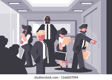 Businessmen and businesswoman waiting for elevator on level. Vector illustration