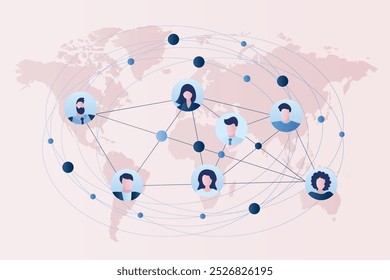 Avatares de empresários e empresárias. Conexão comercial global ou comunicação entre pessoas. Conceito de trabalho em equipe empresarial. Mapa no plano de fundo. Ilustração de vetor de estilo moderno