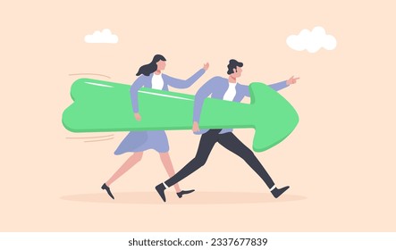 Businessmen, Businesswomen with big arrow run. Move forward for success future. Arrow direction for life, business. Way to success. Determination or courage, career path.