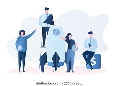 Businessmen and businesswomen building new start up, human teamwork and modern spaceship, business characters in trendy style, vector illustration