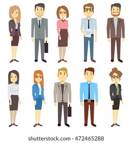 Los hombres de negocios las mujeres empleadas vectoriales personajes diversos grupos de negocios. Hombre y mujer, ilustración del jefe