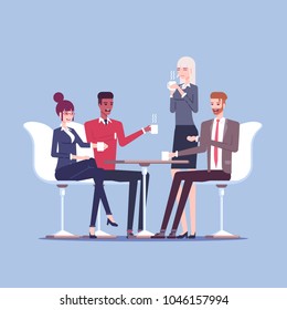 Businessmen and businesswomen having coffee break vector flat illustration. Group of business people sitting at the table, drinking coffee and talking. Lunch break in the office or business meeting