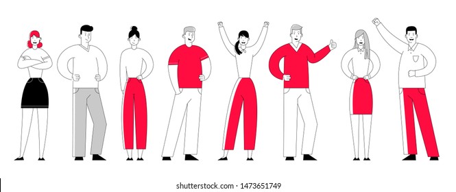 Businessmen and Businesswomen Joyful Managers Team. Business People Characters Stand in Line. Creative Perfect Teamworking Group Office Employees. Cartoon Flat Vector Illustration in Line Art Style