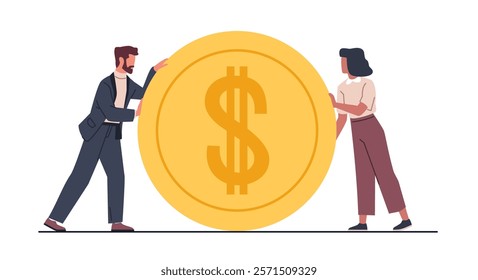 Businessmen and businesswomen pushing gold coin. Man and woman rolls huge money. Finance earning or savings, investment symbol, golden currency, cartoon flat isolated vector concept