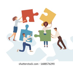 Businessmen and businesswomen with puzzles flat vector illustration. Partnership, harmonious work. Business team, office managers, entrepreneurs cartoon characters isolated on blue background