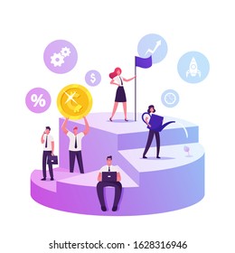 Businessmen and Businesswomen Stand at Huge Pie Chart Diagram Showing Shares of Partners Controlling Interest, Blocking Stake and Parts of Minority Shareholders. Cartoon Flat Vector Illustration