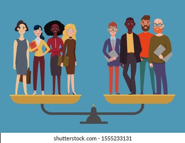 Businessmen and businesswomen stand on weighing machine and are even, gender equality concept, men and women are equal. Workplace diversity. Modern flat vector illustration.