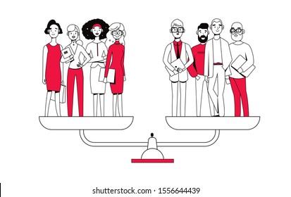 Businessmen And Businesswomen Stand On Weighing Machine And Are Even, Gender Equality Concept, Men And Women Are Equal. Gender And Community Equality In Diversity. Modern Flat Vector Illustration.