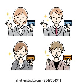 Businessmen and businesswomen who are happy to have a credit card.