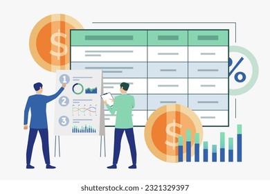 Geschäftsleute, die Budget oder Ressourcen berechnen, Vektorgrafik. Menschen, die die Finanzen verwalten, Finanzpläne erstellen und analysieren, in Infografiken. Schätzung der Projektkosten, Geschäftskonzept