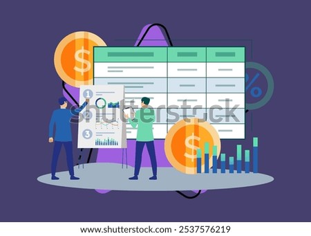 Businessmen calculating budget or resources vector illustration. People managing finances, preparing and analyzing financial plan in infographics. Project cost estimation, business concept
