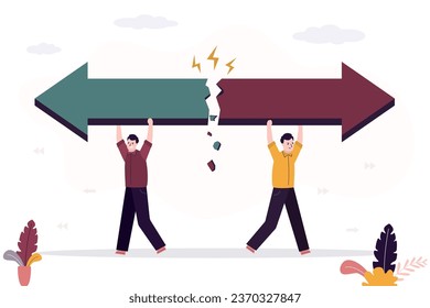 Businessmen carry giant arrow in different ways and break it. Different vision of business development, team conflicts and disagreements in process of work, methods and paths to achieve goals. vector