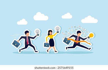 Businessmen carrying broken lamps race to the finish line, but one carries a lit lamp and wins, illustration of competition in presenting business ideas and innovations