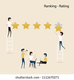 Businessmen cartoon character with rating or raking concept on the screen.5 Stars rating or raking concept.Rating or raking golden stars.Businessmen sign isolated background.Flat vector illustration