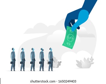Businessmen with cases looking at human hand holding dollar banknote in front of them - Vector illustration