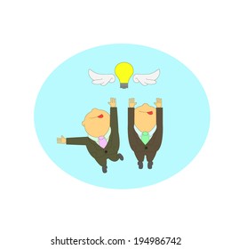 businessmen catch idea. light bulb with wings. vector.