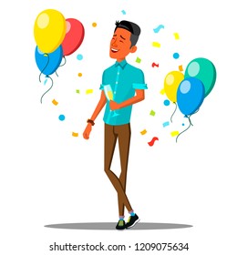 Businessmen Celebrate Success With Glass Of Champagne And Falling Confetti Vector. Isolated Illustration