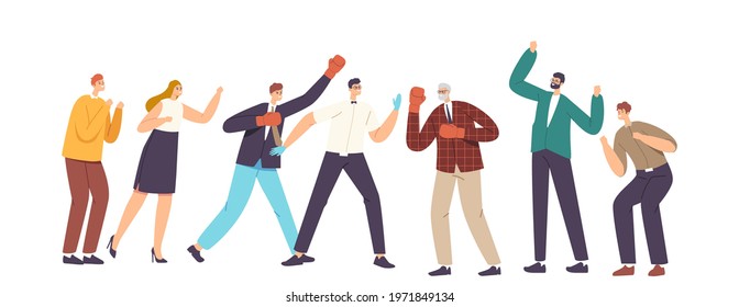 Businessmen Characters in Boxing Glove Fight with Referee Assistance and Colleagues Cheering. Men Managers Fighting, Combat, Business People Competition for Leadership. Cartoon Vector Illustration