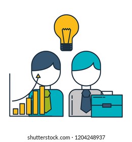 businessmen characters briefcase chart and creativity bulb