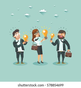 Businessmen characters have an idea for startups. Crowd of businessmen showing their ideas. Competition of Business ideas. Hackathon. Colorful vector flat illustration