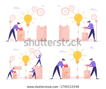 Businessmen Characters Launch Huge Light Bulb Push Lever Arm and Red Button in Mechanism with Gears. Business Project Startup, Financial Idea Realization, Solution. Cartoon People Vector Illustration