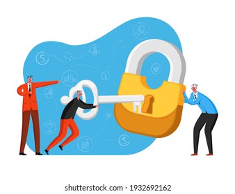 Businessmen characters open padlock with key, metaphor. Business vector illustration concept, discovery, decision making, problem solving or data protection, secrecy, teamwork.