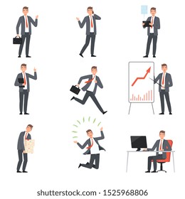 Businessmen characters, people in business suits in different situations vector illustration