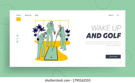 Businessmen Characters Playing Mini Golf in Office on Coffee Break Landing Page Template. Business People Discussing Deals while Playing Game. Golfer Sport or Leisure Linear People Vector Illustration