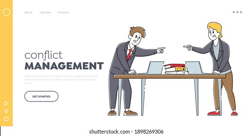 Businessmen Characters Quarrel and Fight Landing Page Template. Business Colleagues Arguing in Office. Fighting for Leadership, Disagreement with Opponent Opinion. Linear People Vector Illustration