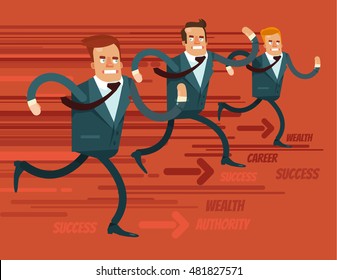 Businessmen characters run race. Vector flat cartoon illustration