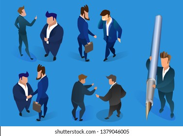 Businessmen Characters Set Isolated on Blue Background. Business Men in Formal Costumes Shaking Hands, Communication, Signing Documents, Discussing Project. 3D Isometric Cartoon Vector Illustration